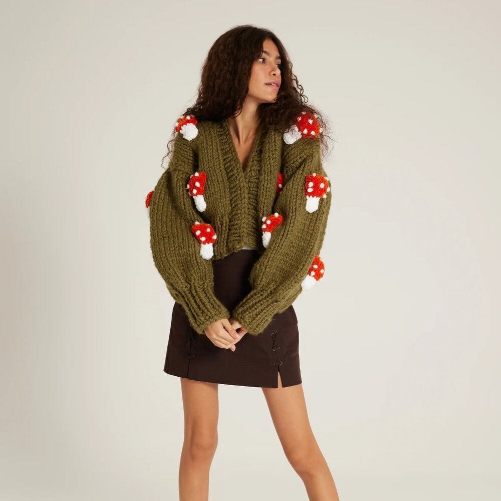 Society Mano Mushroom Green Cropped Chunky Cardigan Sweater Women S/ MSRP$249 - Picture 3 of 10